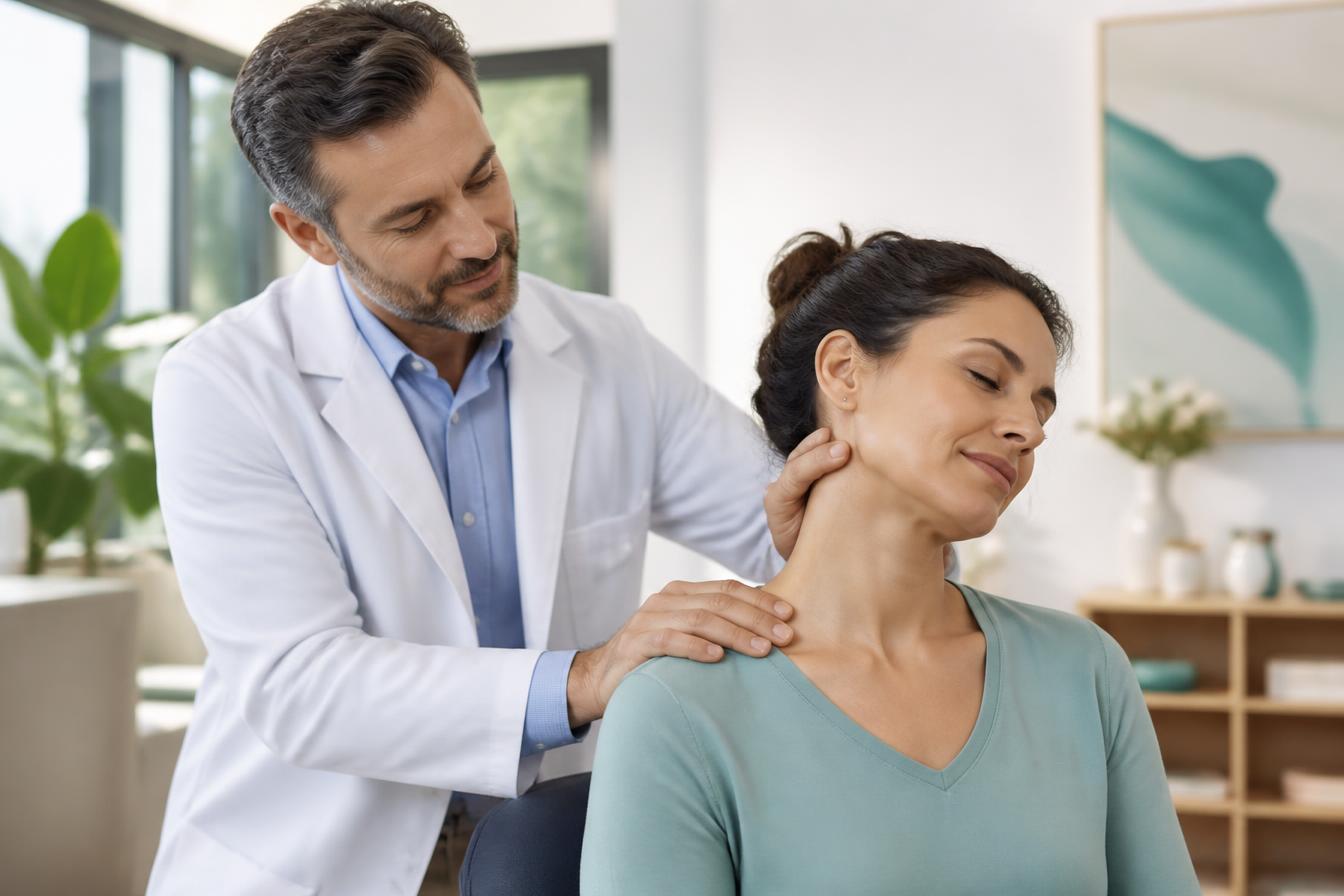 Physician examining a patient during a pain consultation at Turquoise Institute in Natick, MA