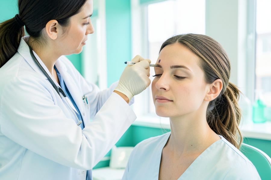 Physician marking forehead injection points for chronic migraine prevention
