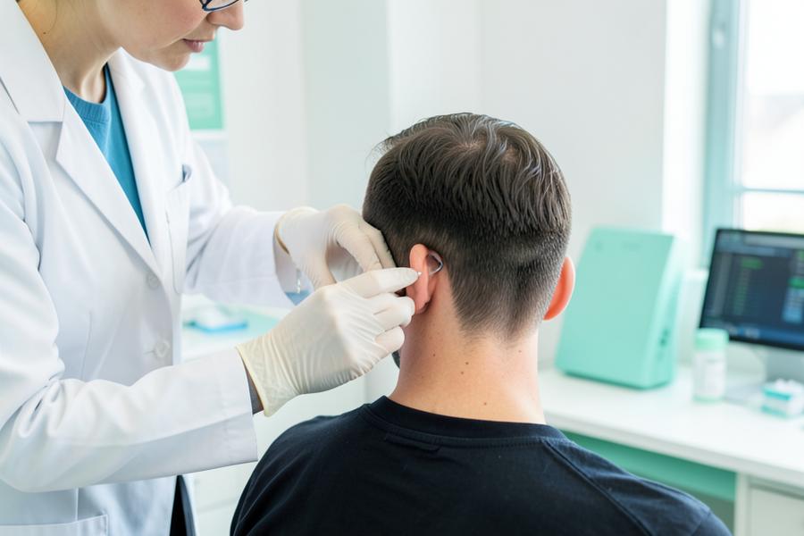 Clinician administering a botulinum toxin injection into neck muscles for cervical dystonia