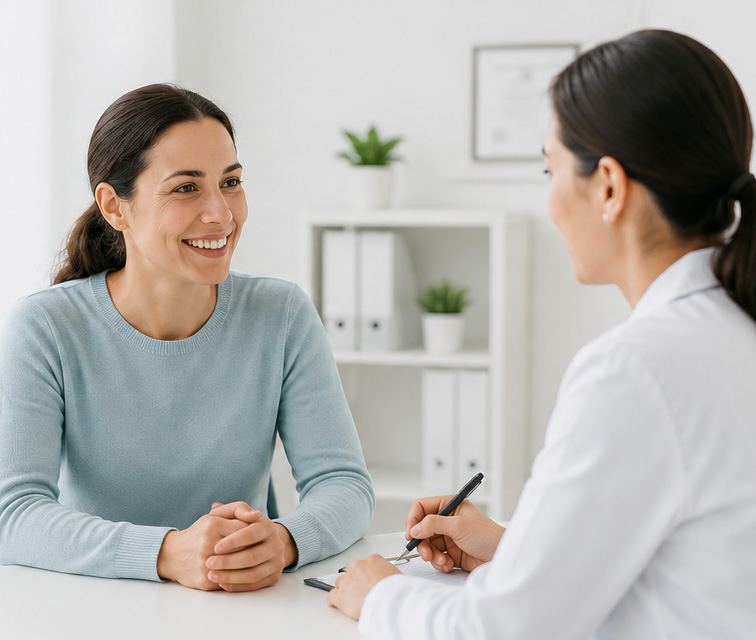 Patient smiling during an unhurried consultation with a clinician