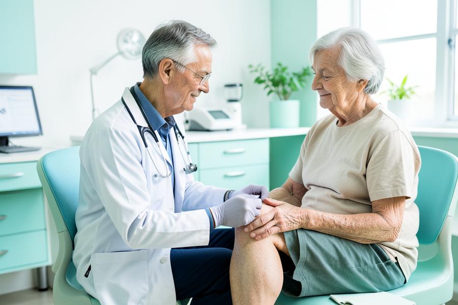 Doctor examining an older patient's knee affected by osteoarthritis