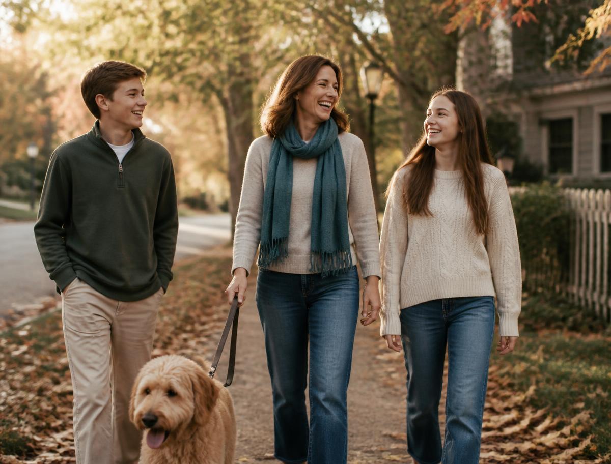 A mother laughing while walking with her teenage children and their dog on a tree-lined New England street