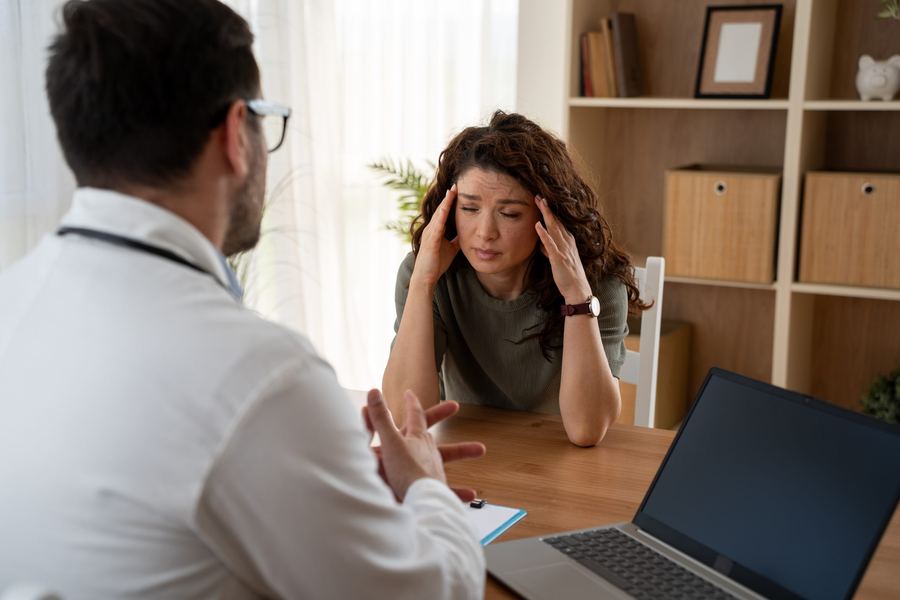 Patient describing migraine symptoms to a physician during a consultation