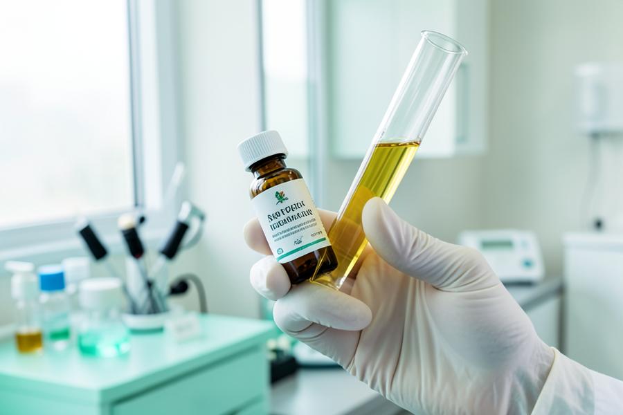 Gloved hand holding a tube of platelet-rich plasma prepared for injection