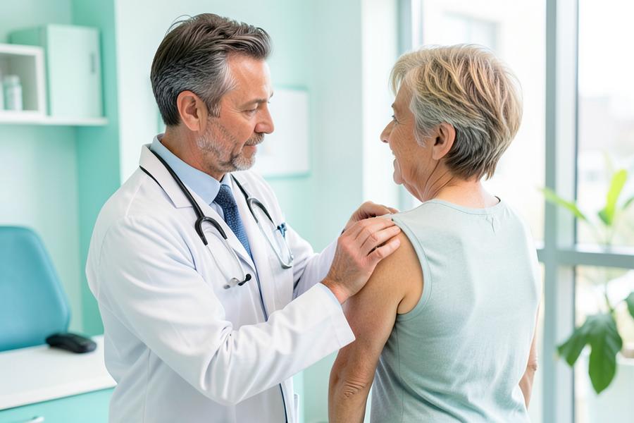 Physician examining an adult patient's shoulder for rotator cuff pain